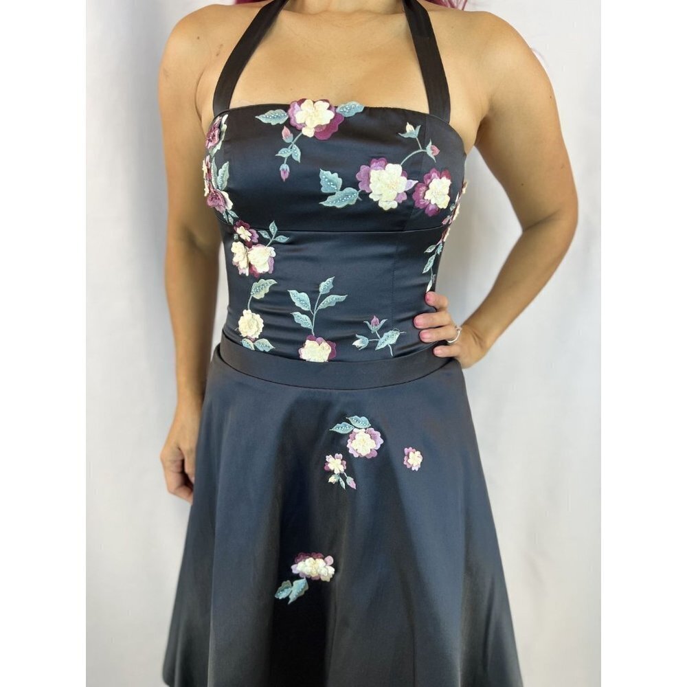 Mandalay Julian Joyce Black Satin Halter A-Line Dress $495 - Picture 4 of 12